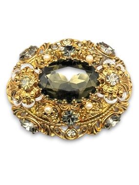 Vintage West Germany Olivine & Gray Glass Rhinestone & Pearl Filigree Brooch